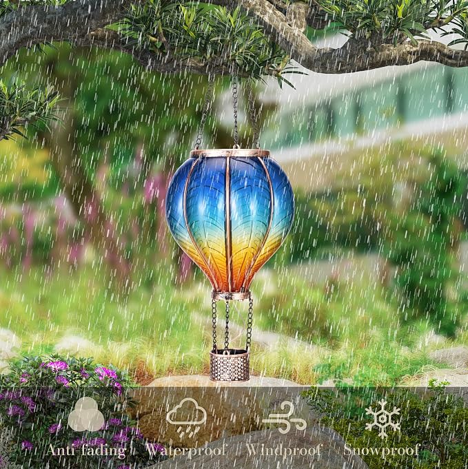 TERESA'S COLLECTIONS Hot Air Balloon Lantern for Garden Decor ,Flickering Flame Hanging Light for Outdoor ,Blue & Yellow Plastic Lamp for Yard Tree Gift for Mom