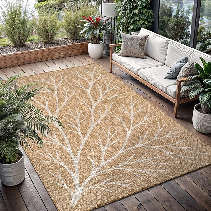 Washable Indoor Outdoor Rug 8x10 Modern Area Rugs Branch Pattern Non Shedding Waterproof Easy Clean Patio Deck Porch Living Room Bedroom Garden RV (8 X 10 Natural)