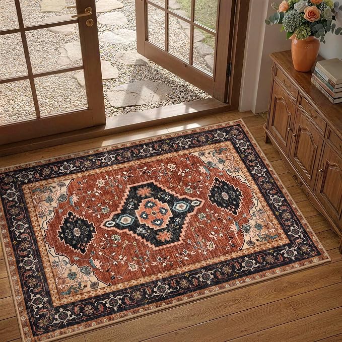 Tangsoo Oriental 2x3 Washable Rugs for Entryway, Non Slip Small Area Rug | Orange Vintage Indoor Front Door Rug, Boho Print Door Mat Carpet, Soft Low Pile Throw Rugs for Entrance Entry Kitchen Bedroom