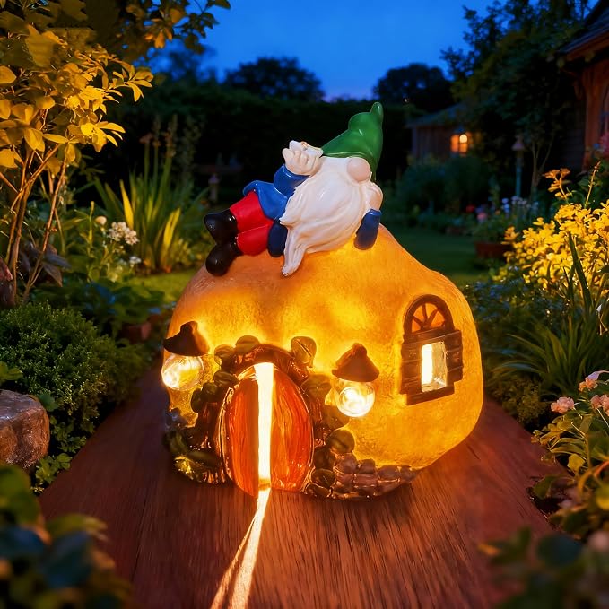 Garden Gnomes Fairy Houses Decorations Solar Statues, Outdoor LED Lights Waterproof Ornaments for Backyard Patio Lawn, Christmas Mother's Day Housewarming Gifts for Women