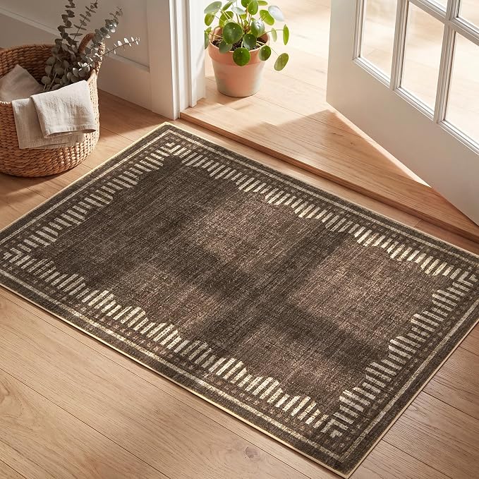 Garvee Small Area Rugs 2x3 Brown Washable Entryway Scalloped Throw Carpet | Non Slip Solid Color Low Pile Living Room Bedroom Rugs Pet Friendly Modern Geometric Kitchen Front Door Nursery Doot Mat