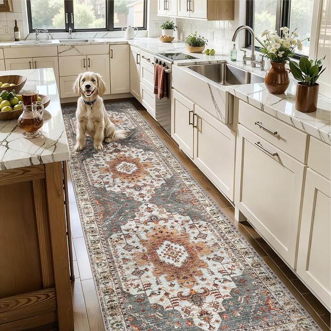 Tangsoo 3x8 Washable Runner Rugs for Hallway, Oriental Runner Rug Non Slip | Vintage Soft Low Pile Rug Runner, Boho Farmhouse Indoor 8ft Carpet Runners for Kitchen Bedroom Entryway Living Room Turmeric