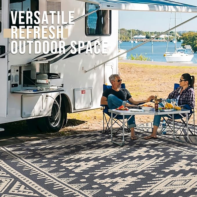 OLANLY Outdoor Rug Waterproof 9x18 ft, Reversible Outdoor Plastic Straw Rug, Boho Patio Rug, Indoor Outdoor Carpet, RV Mat Outside for Patio, Camp, Picnic, Balcony, Deck, Backyard, Black & Beige