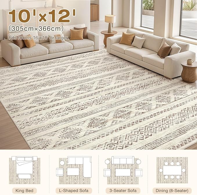Tortania Area Rug Living Room Rugs - 10x12 Washable Large Soft Neutral Boho Moroccan Bohemian Farmhouse Rug Indoor Floor Carpet for Bedroom Under Dining Table Home Office Decor - Brown