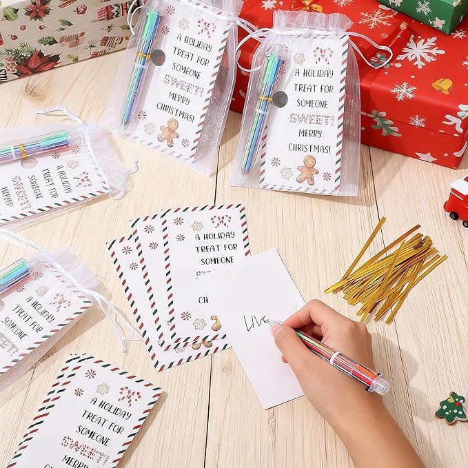 Marspark 30 Set Christmas Candy Cane Gifts Bulk Christmas Ballpoint Pens and Greeting Cards Set with Bag Twist Ties for Employee Coworker Teacher Student School Office Home Party Favor