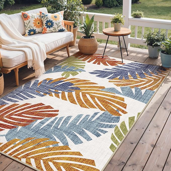 GENIMO Outdoor & Indoor Area Rug 4'x6', Waterproof, Non-Shedding, Easy Cleaning, Leaf Mat for Patio, Living Room, Balcony, Dining Room, RV, Deck, Bedroom, Camping, Outside Carpet, Tropical Rust