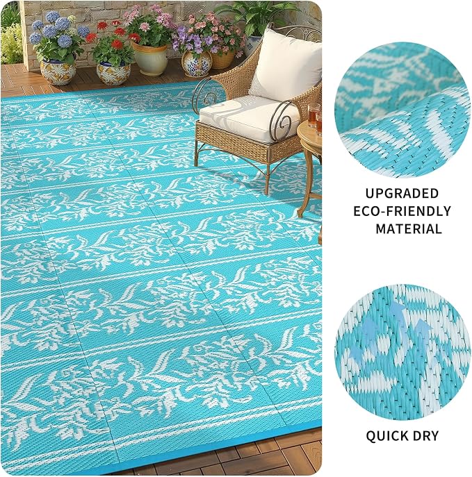 Garvee Outdoor Rugs 9x12 Waterproof Reversible Mat Boho Leaf Patio Rug with 4 Stakes and Starage Bag, Large Outdoor RV Mat Rugs for Camping, Picnic, Balcony, Deck, Backyard, Teal & White