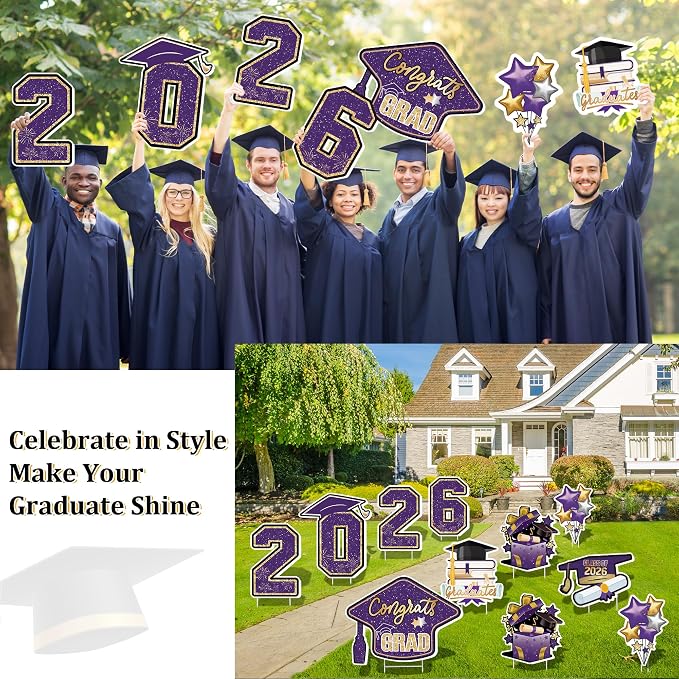 Large 11 PCS Graduation Yard Signs, Class of 2026 Congrats Grad Outdoor Lawn Yard Sign with Stakes, Graduate Yard Decorations for College High School Party, Purple and Gold