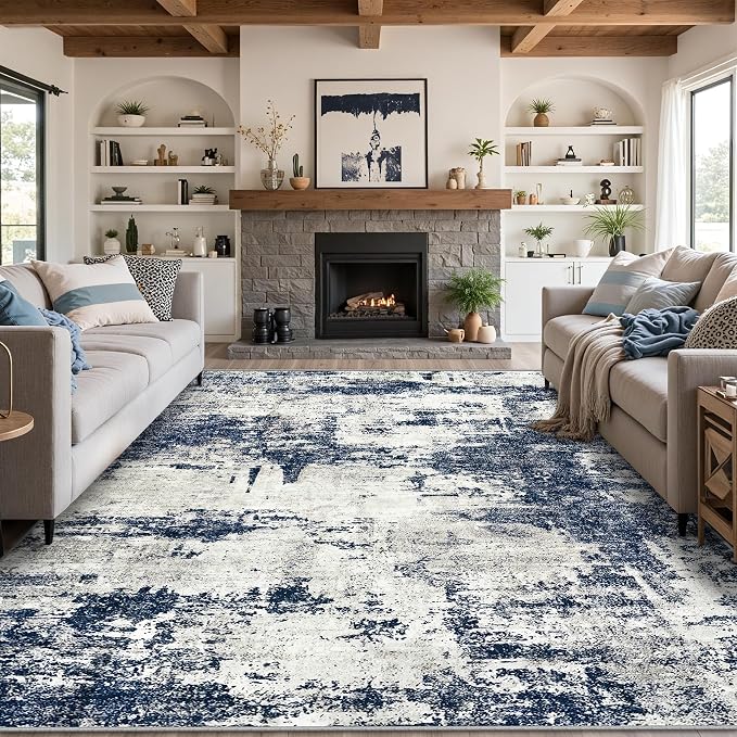 Tosuoka 8x10 Area Rugs for Living Room Abstract Washable Gray Blue Rug | With Anti-Slip Backing,Non-Shedding,Stain-Resistant,Soft Modern Large Carpet for Bedroom Dining Room Farmhouse Nursery