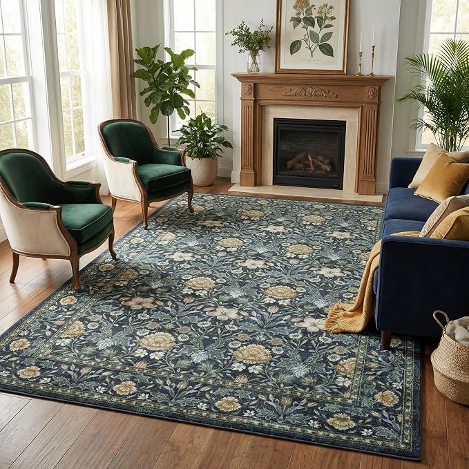 GarveeHome Washable Area Rug 5x7, Retro Floral Low Pile Non Slip Living Room Rug Soft Cottage Core Rug Farmhouse Indoor Carpet for Bedroom Dining Room Playroom