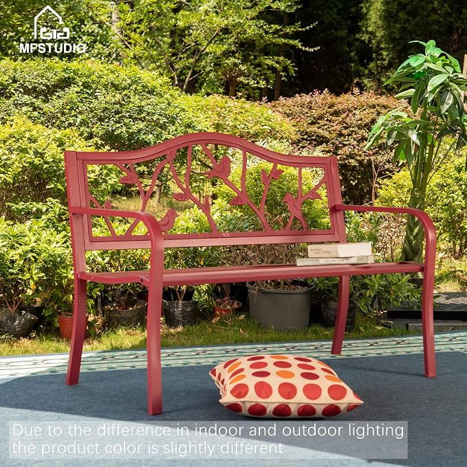 MFSTUDIO 50" Outdoor Red Garden Bench, Steel Metal Frame Patio Park Bench with Bird Pattern Backrest for Porch Backyard Lawn