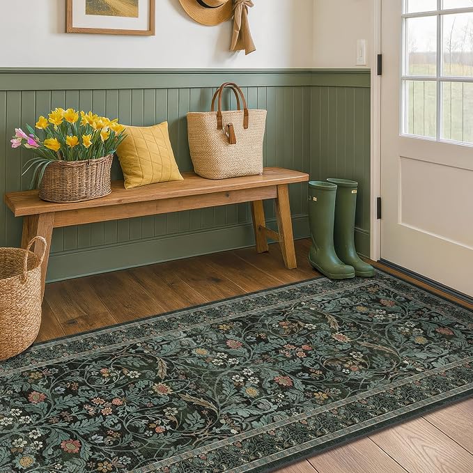 Washable 2'6"x8' Entryway Runner Rugs Non Skid, 8ft Long Hallway Runner Rug, Non Slip Wide Carpet Runners for Kitchen, Bathroom, Dark Green Low Pile Soft Vintage Dark Floral Floor Decor (Dusty Teal)