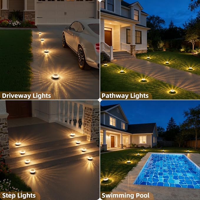 VOLISUN Solar Ground Lights Outdoor,8 Pack Flat Solar Pathway Lights,IP67 Waterproof Solar Powered Disc Lights,Landscape Lighting for Garden Yard Walkway Patio Driveway,Warm White