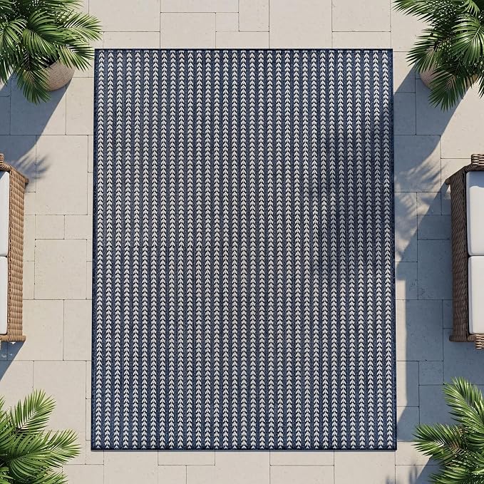 Washable Outdoor Rug 6x9 Modern Area Rugs Outdoor Carpets Striped Pattern Non Shedding Waterproof Easy Clean Patio Deck Porch Living Room Bedroom Garden RV (6 X 9 Navy)