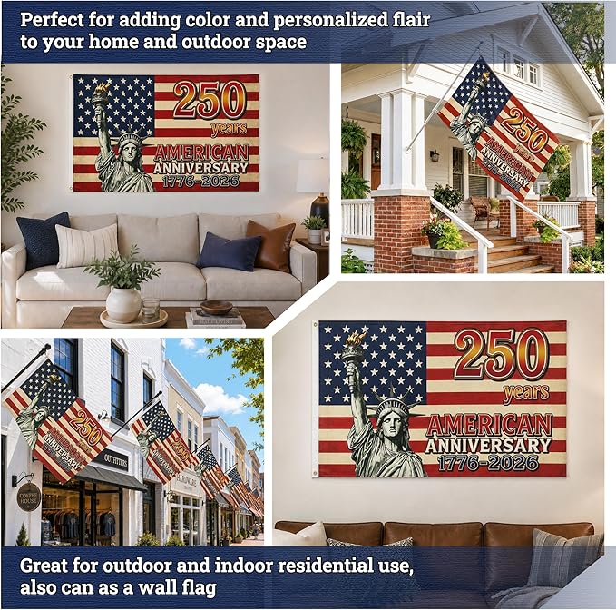 American 250th Anniversary Flag 3x5 FT, Heavy Duty Thickened 150D Polyester Statue of Liberty Patriotic US Flag, 1776-2026 Celebration Banner for Outdoor Yard Porch