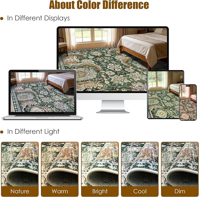 Washable Area Rugs - Perfect for Living Room, Bedroom, Kids Room, Nursery - Stain & Water Resistant Non-Slip, Pet & Child Friendly, Vintage Tribal Area Rugs (Green, 9' x 12')
