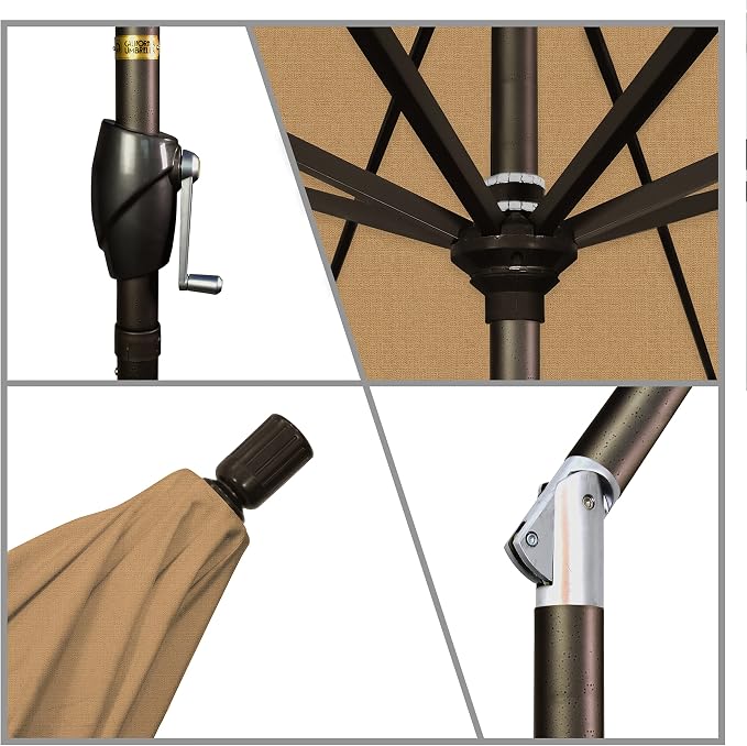 California Umbrella 9' Round Aluminum Market Umbrella, Crank Lift, Push Button Tilt, Bronze Pole