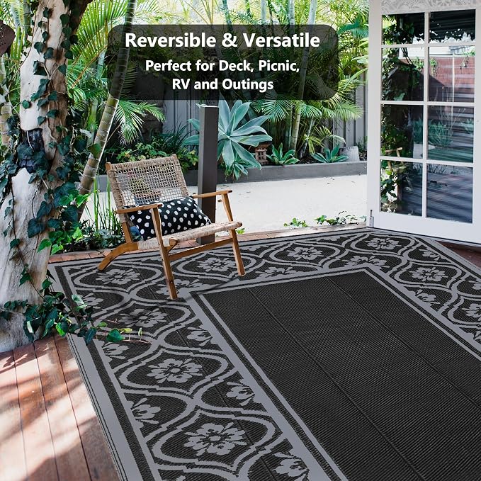 HUGEAR Outdoor Plastic Straw Rug, Waterproof Outdoor Rugs for Patios Clearance, Reversible Area Rug, Large Outside Carpet for Camping, Balcony, RV, Deck, Picnic, Beach (5x8ft Lantern/Black&Grey)