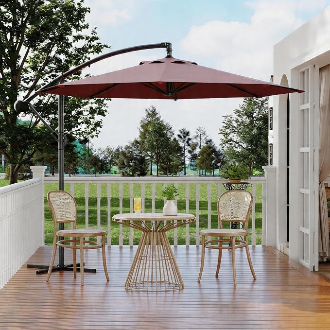 Garvee 10FT Offset Patio Umbrella with Cross Base, Cantilever Umbrella with Easy Lift & Tilt Adjustment, 8 Ribs Sun umbrella UV Protection for Backyard, Pool, Garden, Burgundy