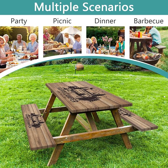Picnic Table Cover with Bench Covers, Waterproof Windproof Fitted Outdoor Tablecloth with Elastic Rectangle Table Camping Must Haves Rv Accessories, 72in, Brown Wooden