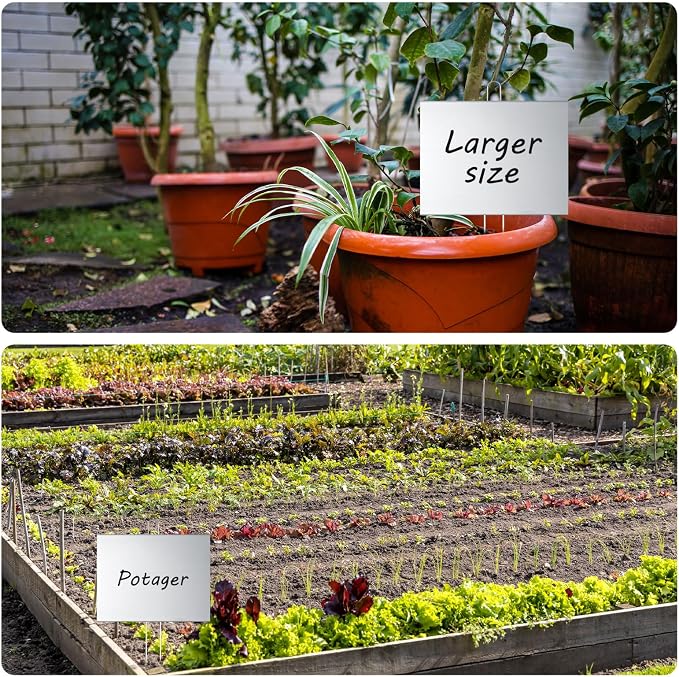 Landhoow 20 Pcs Large Garden Plant Markers Metal Plant Labels Sign 6'' x 8'' with 13'' Stake Weatherproof Waterproof Garden Sign for Outdoor Seedlings Herbs Vegetable Greenhouse, Silver
