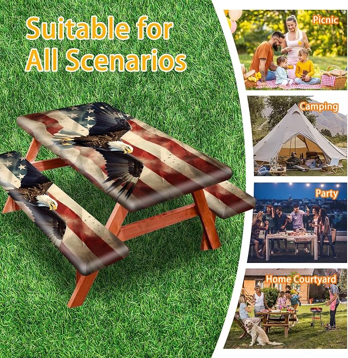 Park Picnic Table Cover with Bench Covers Lightweight Camping Essentials, Oil-Proof Waterproof 3PCS Tablecloth with Elastic, Fitted for Table 6FT Rectangle and Seats, American Flag Eagle (72x30in)