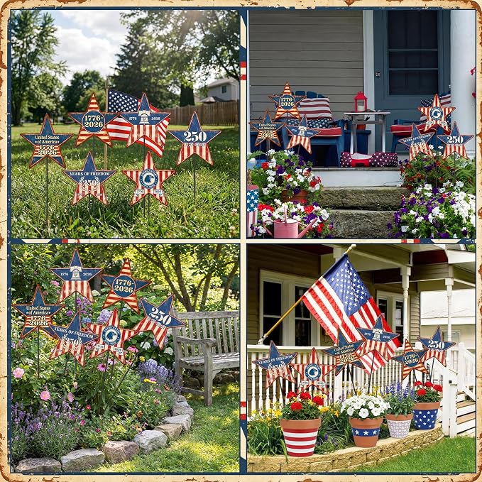 Pickmesh 6 Pcs 250th Anniversary America Yard Sign 4th of July Outdoor Decor 12" H Patriotic Metal Yard Sign Garden Stake Star 250th Anniversary USA 1776-2026 Outdoor Lawn Decor for Independence Day