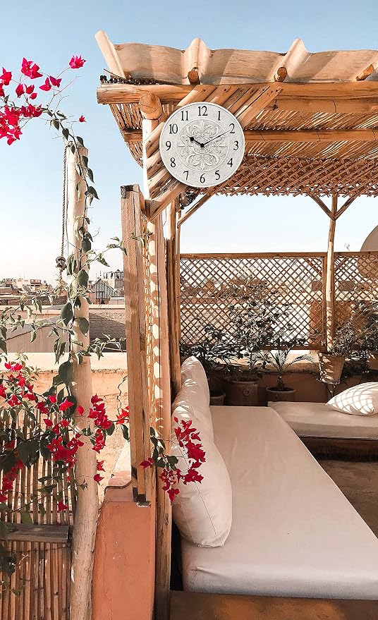 Infinity Instruments Blanc Fleur 15 inch Decorative Outdoor Wall Clock for Garage, Patio, Backyard, Outdoor Wall, Fence Vintage Ivory Antique Easy to Read Battery Operated