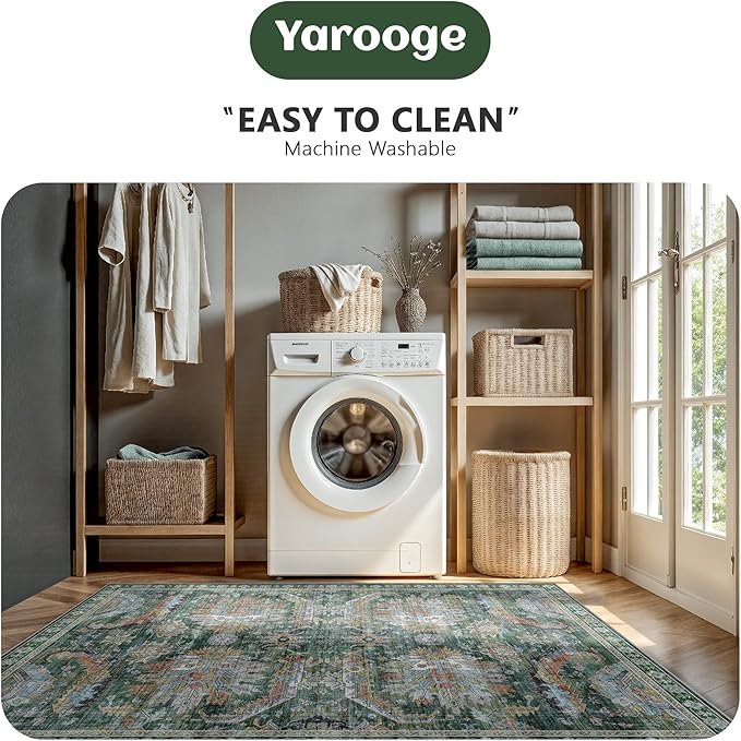 2x6 Hallway Runner Rug, Washable Vintage Retro Long Runner Rugs for Kitchen Laundry, Soft Ultra Thin Non Slip Low Pile Traditional Area Carpet for Bedroom Bathroom Indoor, Green
