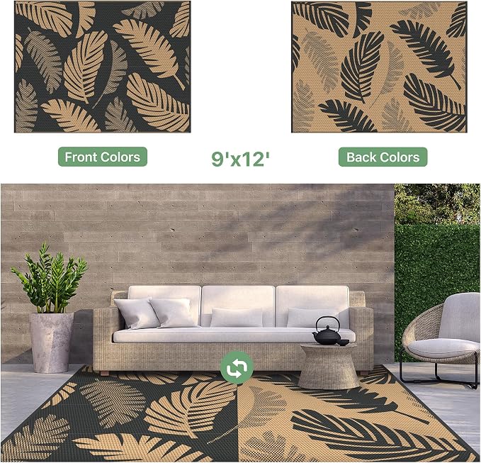 GENIMO Waterproof Outdoor Rug 9' x 12' for Patio Decor, Reversible Plastic Straw Area Rugs for Camping Clearance, RV Mat, Large Outside Carpet for Porch, Deck, Picni, Balcony, Garden, Black & Brown