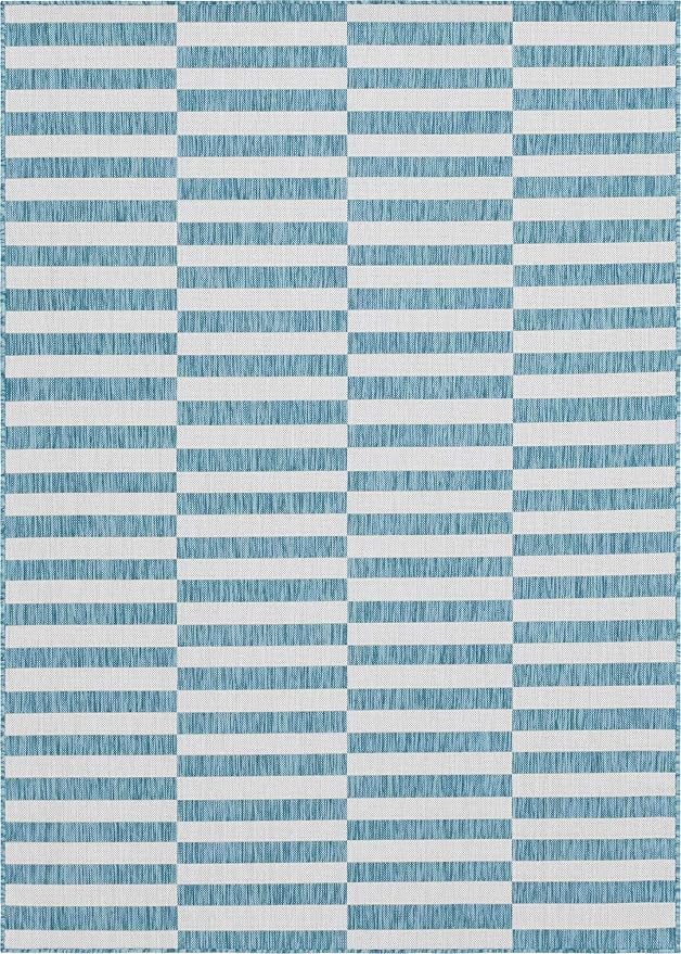 Unique Loom Outdoor Collection Classic Stripes, Transitional Indoor & Outdoor Area Rug, 8' 0 x 11' 0, Blue/ Ivory