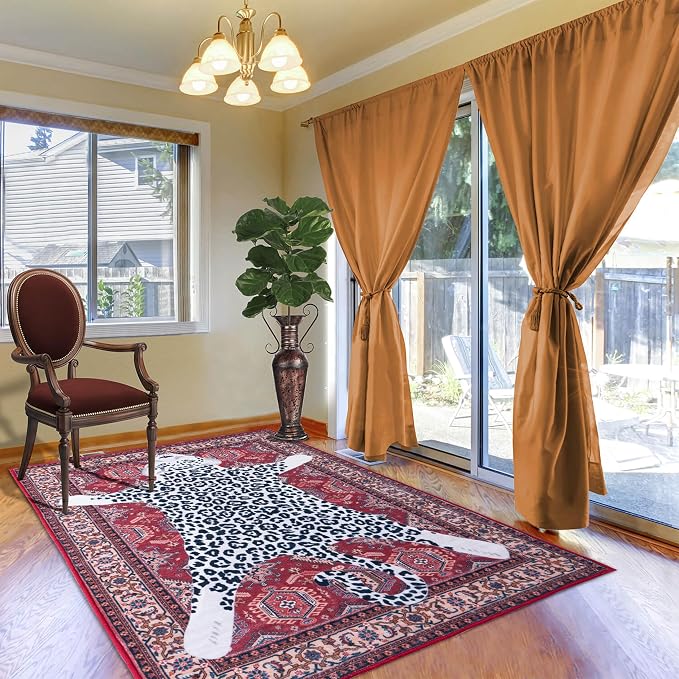 Oriental Leopard Rug 5x7 ft Washable Traditional Red Area Rugs for Bedroom Living Room, Dining Room Under Kitchen Table, Soft Non Slip Thin Rug Carpet (Red Leopard, 5X7 FT)