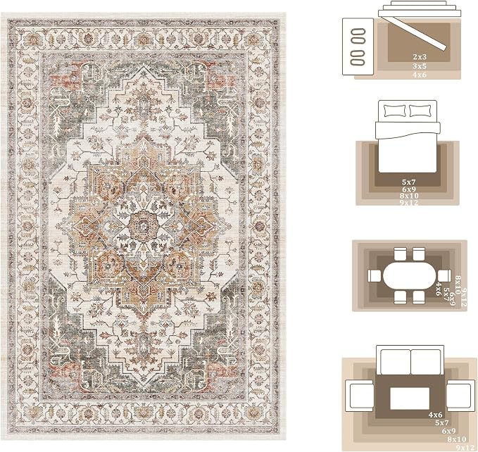 3x5 Vintage Area Rugs for Indoor Entrance Non-Slip Washable Rug | Ultra Soft Low Pile Lightweight Carpet Stain Resistant Rugs Retro Distressed for Living Room Bedroom Playroom Home Office