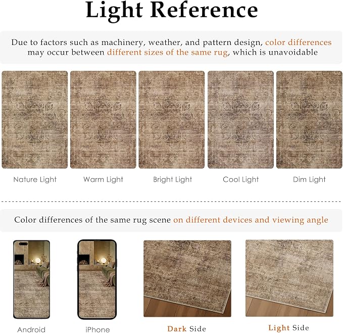 2x6 Brown Vintage Runner Rug | Washable, Non Slip, Soft Low Pile, Neutral Farmhouse, for Hallway Kitchen Laundry Bathroom Bedroom Living Room Home Decor