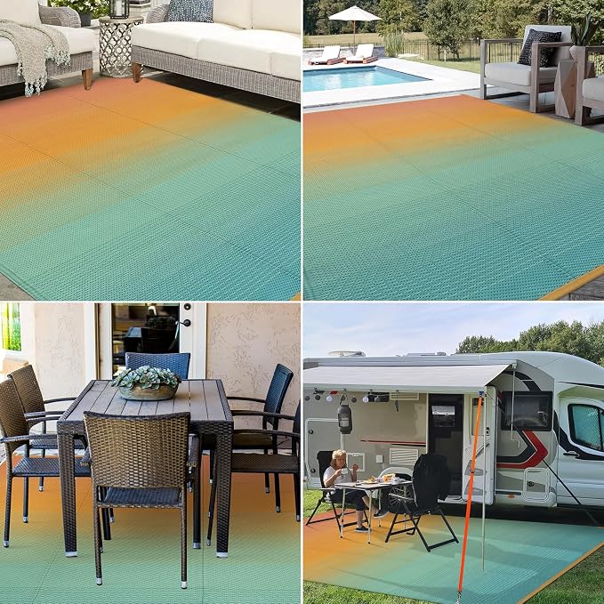 Lahome Extra Large Outdoor Rug 8x10 Patio Waterproof,Reversible Camping Rugs Plastic Straw Rv Mats for Outside Under Awning,Portable Lightweight Carpet for Backyard, Blue-Orange 8x10