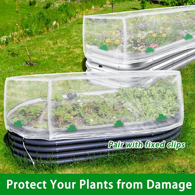 2 Pack Garden Netting for Raised Beds, 4x2FT Raised Bed Plant Covers for Garden Protection, Fine Mesh Bird Netting Pest Barrier Screen with Drawstring and Clips for Protecting Vegetables Fruits Crops