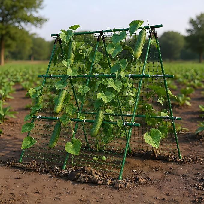 Garvee Outdoor Plant Support Trellis, 4 ft x 4 ft Metal A-Frame with Netting for Tomatoes Cucumbers Peas Beans Grapes, Climbing Vegetable Garden Trellis for Raised Beds, Green