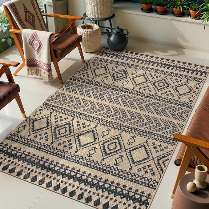 Lahome Boho 3x5 Entryway Front Porch Rug, Black Washable Outdoor Patio Rug | Distressed Print Geometric Low Pile Front Door Carpet for Front Door Balcony