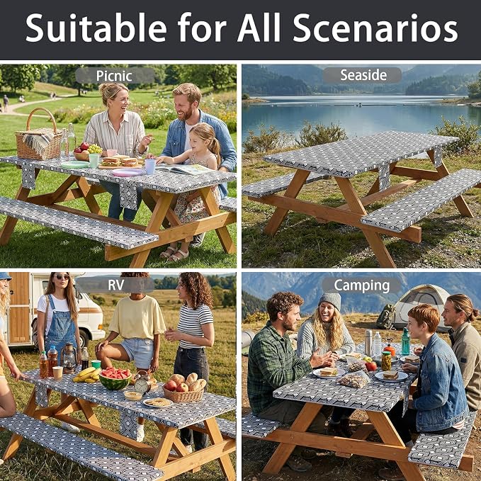 Jobunai Picnic Table Cover with Bench Covers Elastic Waterproof Vinyl Tablecloth for 6 Foot Rectangle Tables Camping Rv Roadtrip Hiking Car Items for Tent Campers Gift for Teenage Boys Girls Sister