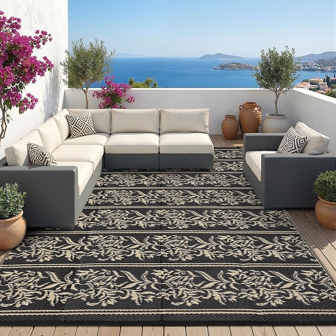 Garvee Outdoor Rugs 5x8 Waterproof Reversible Mat Boho Leaf Patio Rug with 4 Stakes and Starage Bag, Large Outdoor RV Mat Rugs for Camping, Picnic, Balcony, Deck, Backyard, Black & Brown