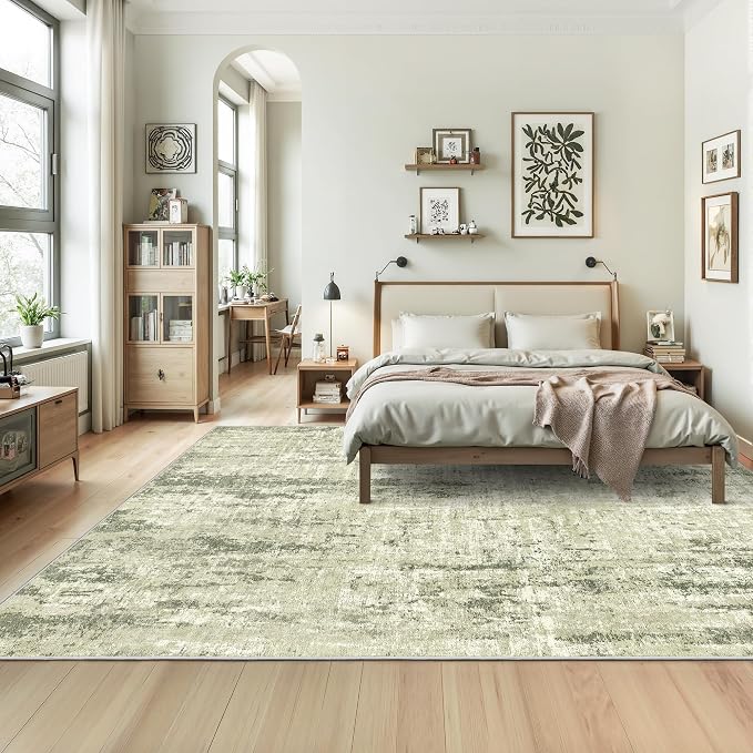 Valenrug 8x10 Area Rugs for Living Room, Abstract Large Washable Rug Green | Soft & Lighweight, Folable, Stain Resistant Low Pile Thin Indoor Distressed Carpet Rugs for Bedroom,Laundry Room,Kitchen