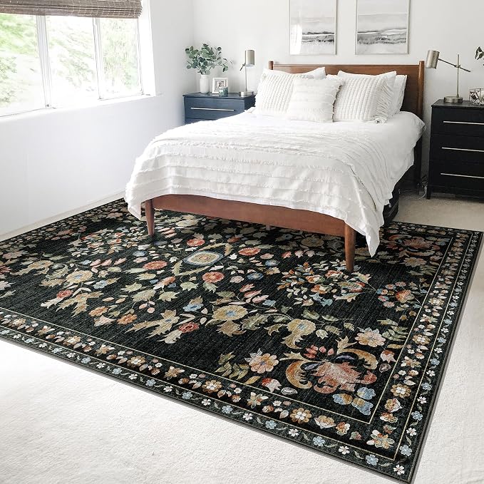 6x9 Area Rugs Washable Floral Rug Non Slip Ultra-Thin Large | Machine Washable Throw Carpet for Living Room Bedroom Dining Room Floor Indoor Low Pile Boho Vintage Black