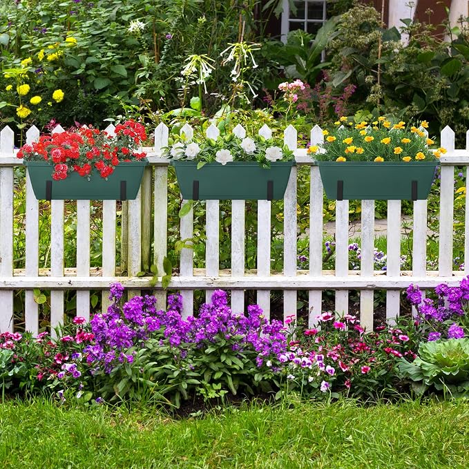 4 Pack Railing Planter Box Window Boxes Planters, 17'' Rectangular Deck Railing Planter Balcony Hanging Planters with Adjustable Flower Box Brackets for Fence Outdoor Patio Porch