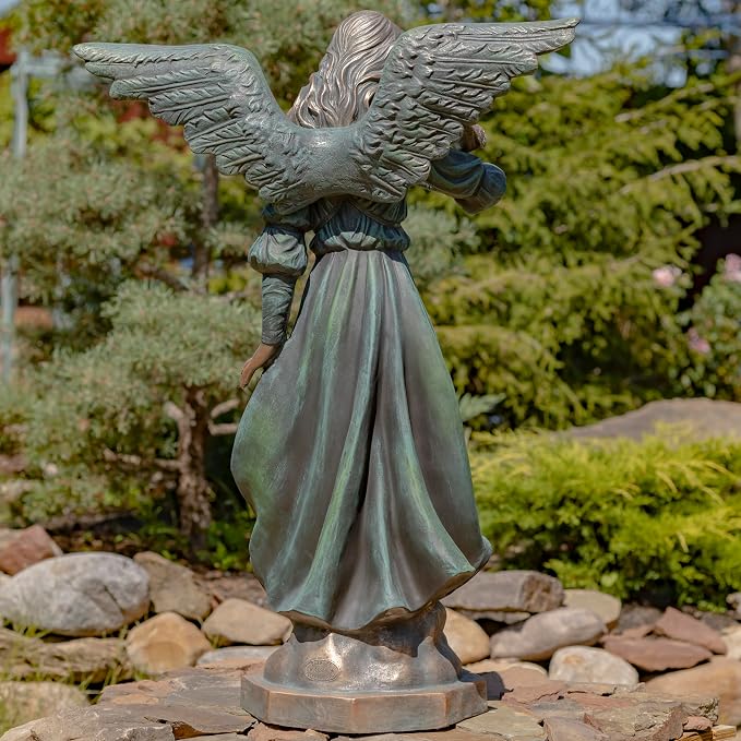 Zaer Ltd. 46" Tall Magnesium Angel Statue with Billowing Dress and Bird Perched on Shoulder in Antique Grey Maria (Antique Bronze)