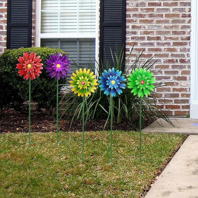 Metal Flower Wind Spinner Garden Stake Yard Art, Lawn Windmill Ornaments | WEIBEFEE; 5 Pieces;Lawn Ornament; 27 Inch Windmill Outdoor; Fade-resistant; Great gift choice; Decoration Gift