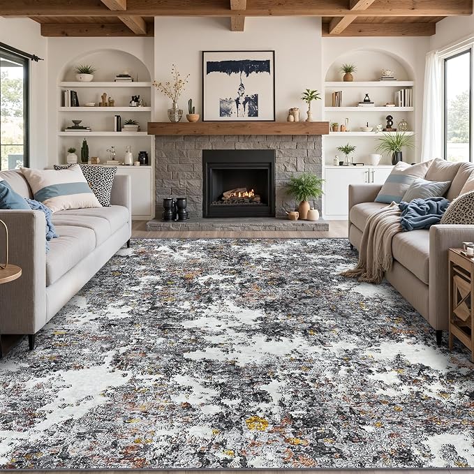 Tosuoka 8x10 Area Rugs for Living Room Abstract Washable Gray Multi Rug | With Anti-Slip Backing,Non-Shedding,Stain-Resistant,Soft Modern Large Carpet for Bedroom Dining Room Farmhouse Nursery