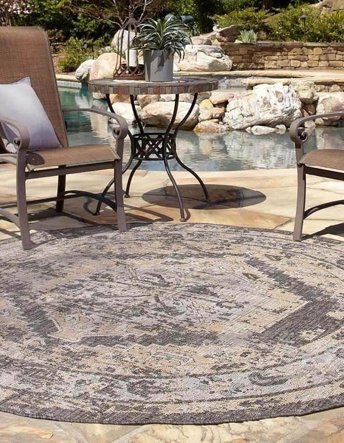 Unique Loom Outdoor Traditional Collection Area Rug - Valeria (5' 3" Round, Charcoal/ Natural)