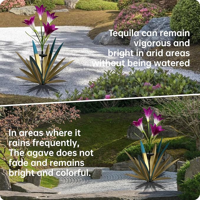 Homight Solar Metal Agave Lily Flower Garden Sculpture with LED Lights 30.3 Inch Waterproof Outdoor/Indoor Yard Decor Handmade Lawn Ornament Gift for Family Friends (3, Blue)