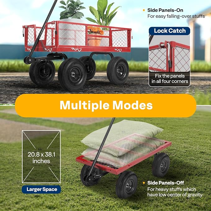 VIVOHOME Heavy Duty 880 Lbs 4.5 Cu Ft Mesh Steel Garden Cart Utility Wagon | Removable Sides and 4.10/3.50-4" Wheels 10 inch Tire(Red)