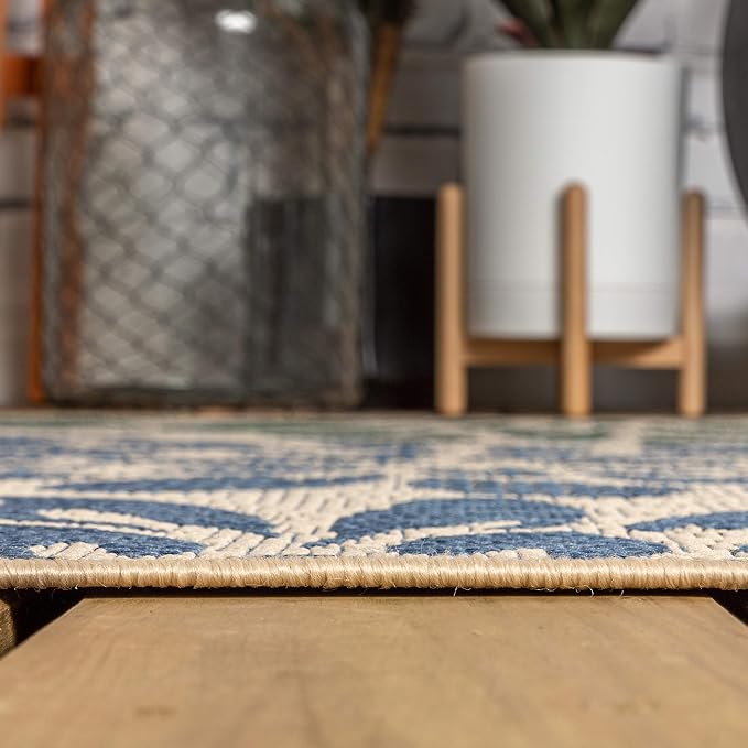 JONATHAN Y Floral Textured Weave Indoor Outdoor Square Area Rug 5X5 Navy/Green, Zinnia Modern for Backyard, Patio, Porch, Easy-Cleaning, High Traffic, Pet-Friendly, Non-Shedding (SMB110B-5SQ)